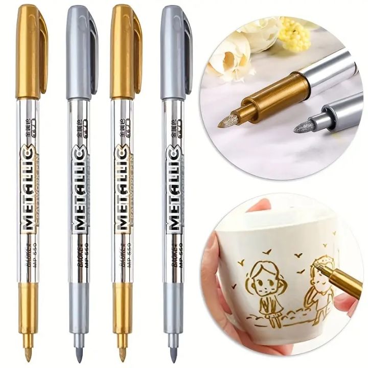 Metallic Marker Pens, Gold & Silver Metallic Permanent Markers | Metallic Painting Pens | Signature Pens for Card Making Rock Painting Glass Metal Wood Script Lettering DIY - Round Tip
