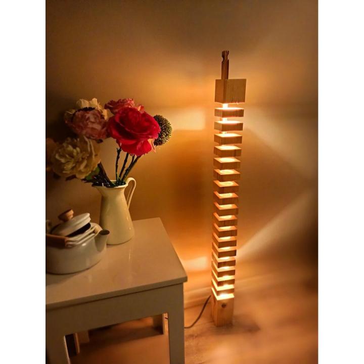 Wooden Floor Lamp, Longitude Leveled Wooden Housewarming Lamp, Ambiance Floor Lamp, Yellow Light, Decorative