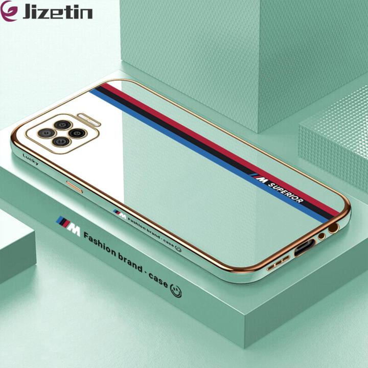 Jizetin (Free Lanyard) for OPPO F17 A73 2020 Back Cover Car Track Luxury 6D Plating Case Side Pattern Soft Silicone Square Mobile Phone Cases