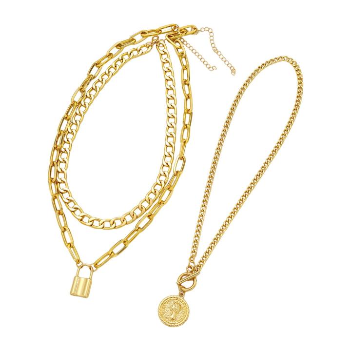 Lady Neck Jewelry Golden Luster Thick Hollow Chain Lock Pendant Necklace Exaggerated Hip Hop Style Club Jewelry for Women Necklace Set