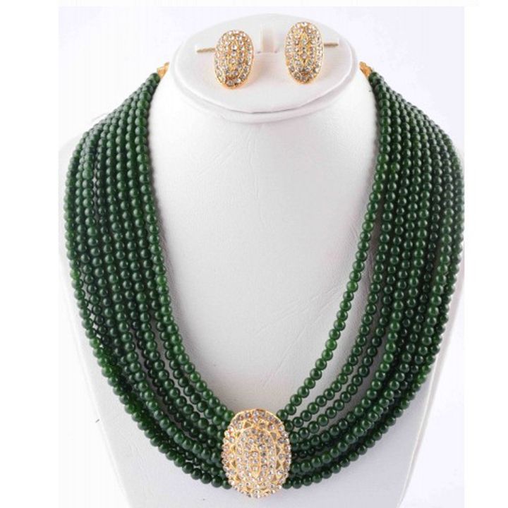 Green Jewelry Set with Center Golden Stone For Women - Green