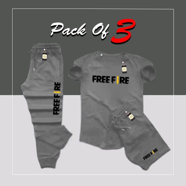 Free Fire Printed 3 in 1 Tracksuit For Men & Boys - Soft & Comfortable Fabric (T Shirt+Trouser+short) Tracksuit