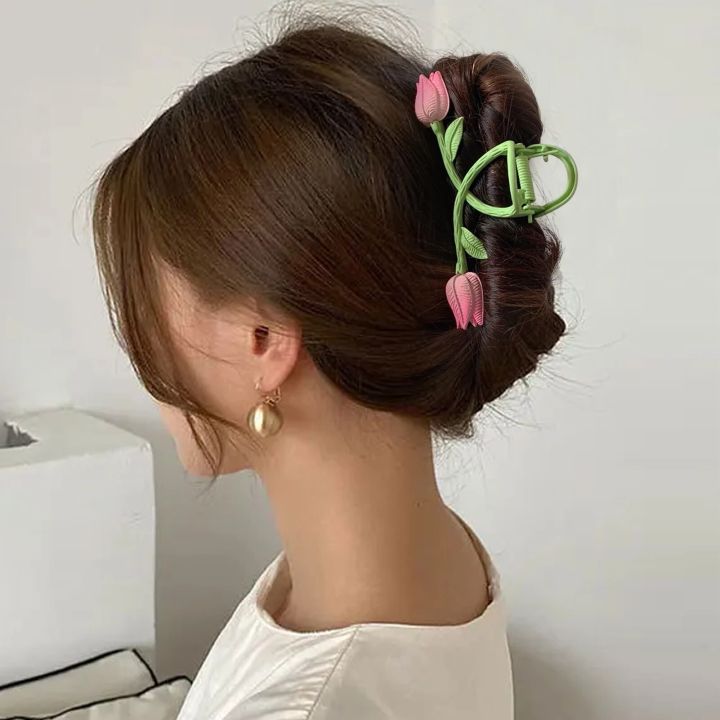 Large Pink Tulip Claw Clip Flower Hair Claw Clip Girl Elegant Hair Clips Headband Hairpin Hair Crab Hair Accessories Bath Clip