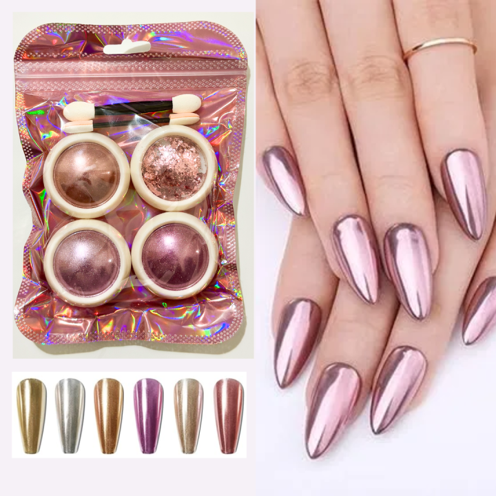 4 PCS Rose Gold Chrome Nail Powder Set, Solid Glitter Reflective Metallic Mirror Effect for Nails Designing 3D Rose Gold Pigment COSMORA Nail Art Decoration