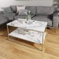 White Marble Texture Coffee Table with Gold Metal Legs, 2 Tier Living Room Table. 