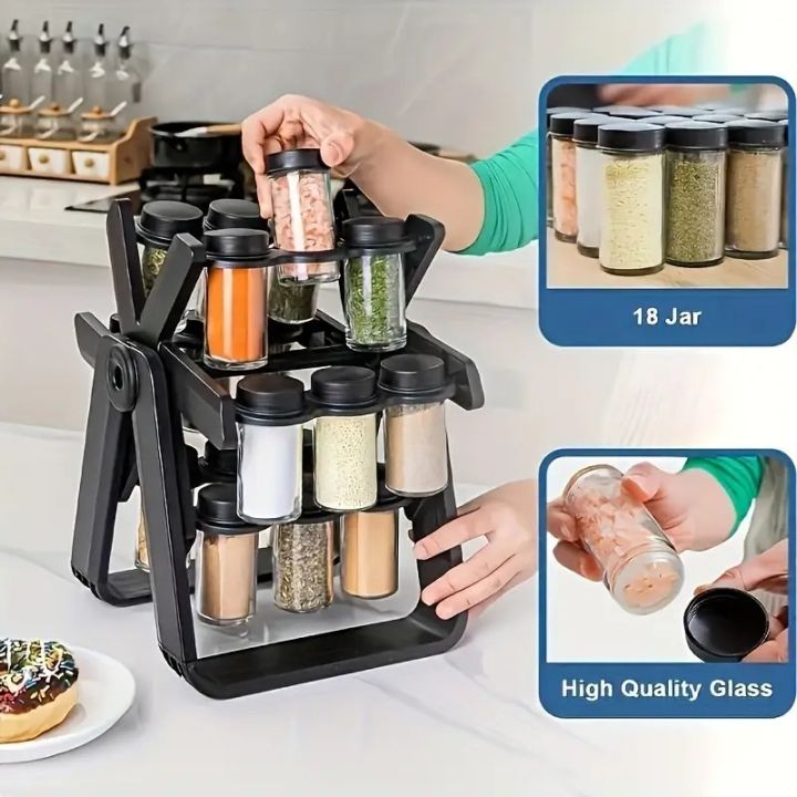 360-Degree Rotating Kitchen Spice Rack with 18 Glass Jars, Multi ...