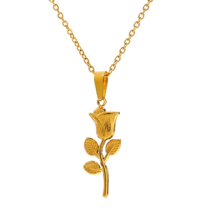 Yhpup Trendy Metal Rose Flower Pendant Necklace 316 Stainless Waterproof Jewelry Collar Necklace