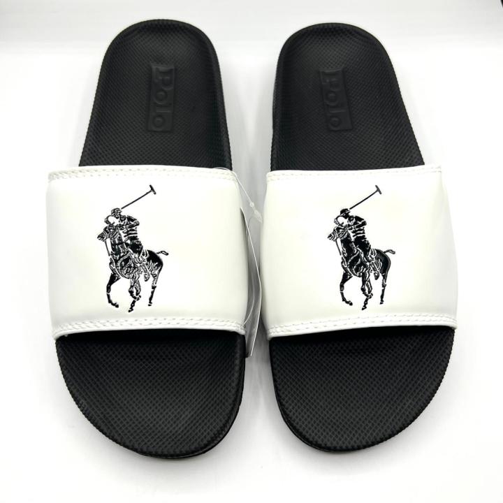 White Men Slippers Polo Slides