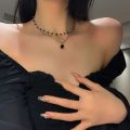 Stone necklace clavicle chain vintage fashion necklace women's double bead necklace geometric black zirconium jewelry. 