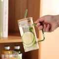 Square Glass Mug 400ml With Lid and Straw Breakfast Milk Cup Microwave Safe Transparent Coffee Mug Drinkware Glass. 