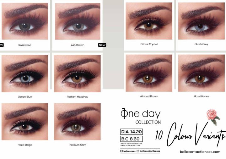 Bella Original Contact Lenses | 12 Stunning Colors | Daily Soft Lens | For Natural Eye Look | Fast Delivery in Pakist Almond Brown Bluish Grey Citrine Crystal Hazel Beige Hazel Honey Ocѐan Blue Platinum Grey Radiant Hazelnut Ash Brown Rosewood Cedar Pine