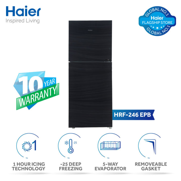 Haier 09 Cu Ft / E-Star Series / HRF-246 EPB (Deepest Freeze +Direct Cool+ 1 Hour Icing Technology +Wide Voltage+ Glass Door) Black Colour /Refrigerator / 10 Years Warranty.