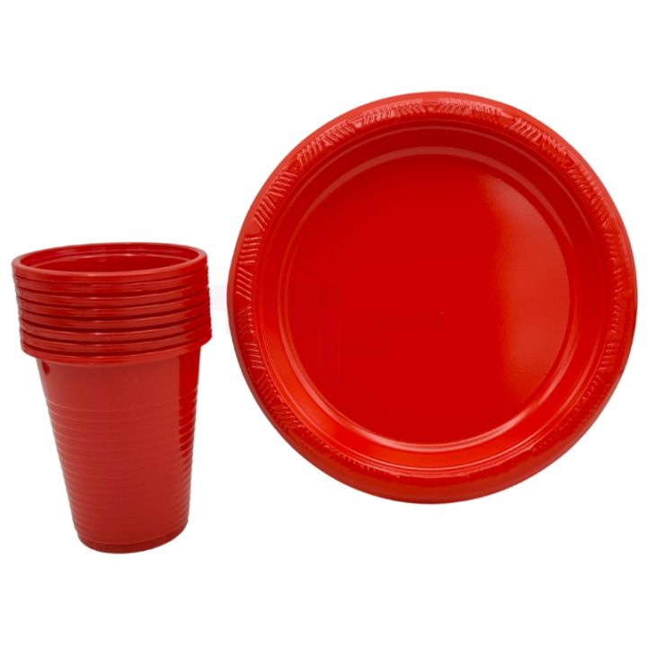 RED COLOR PLATES AND CUPS - PLASTIC PLATES AND CUPS - PACK OF 10