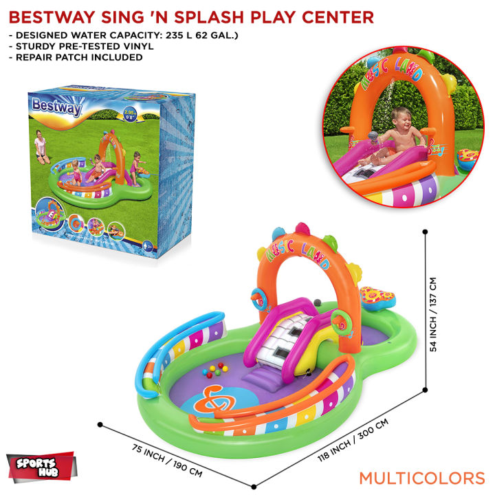 Bestway 53117 Sing N Splash Inflatable Kids Water Play Center The Pool Floor Has An Inflatable Landing Cushion For Extra Comfort When Kids Slide Down A Sprinkler That Soaks Both Kids And The Slide, And It Also Has A Fun Ring Toss Game For Kids To Play