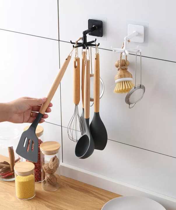 360 Degrees Self-Adhesive Hook Kitchen Bathroom Storage Hanger Wall Hanging Cabinet Shelf Rotating Folding Hooks Foldable Rotatable Mounted Organizer Holder Moisture Proof Swivel Seamless Hangers Mount Adhesive Strong Bearing Manual Detachable