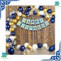 Happy Birthday Decorations Theme Blue Gold & White-Including Happy Birthday Blue Banner, 3 Confetti Balloons, 30 Latex Balloons Blue, Gold White, with Fairy Light. 