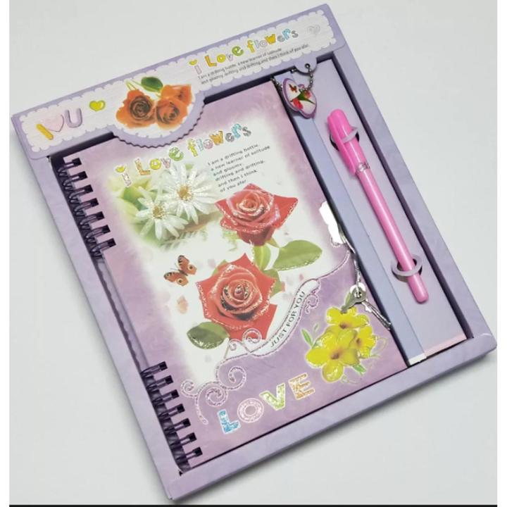 Fancy Lock Flower Binding Diary Medium Size With Box and Gift Pen Pages 62 Printed Diary Special Gift for Boys and Girls