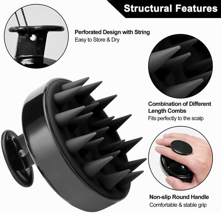 Shampoo Massager Brush Scalp Hair Scrubber with Soft Silicone Bristels For All Type Of Hairs Straight Curly Wet Dry For Men Women Children (Black)