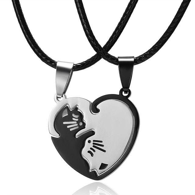 Animal Pendant Black Cat Stitching Necklace Friendship Heart Shape Gold White Cat Cute Couple Jewelry Necklace