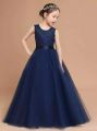 NAVY BLUE NET MAXI DRESS FOR BABYandGIRLS - Embroided Net Body, Silk Belt on Waist - Adorable Fashion for Little Ones. 
