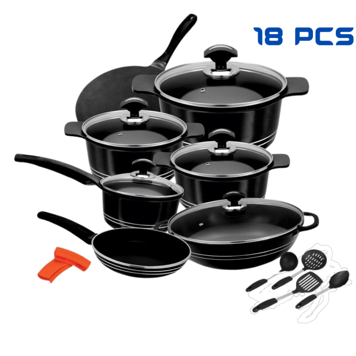 Non-srick cookware Gift Pack set 18 Pieces Die Cast PTF Non Stick Coating with Glass Lid Black
