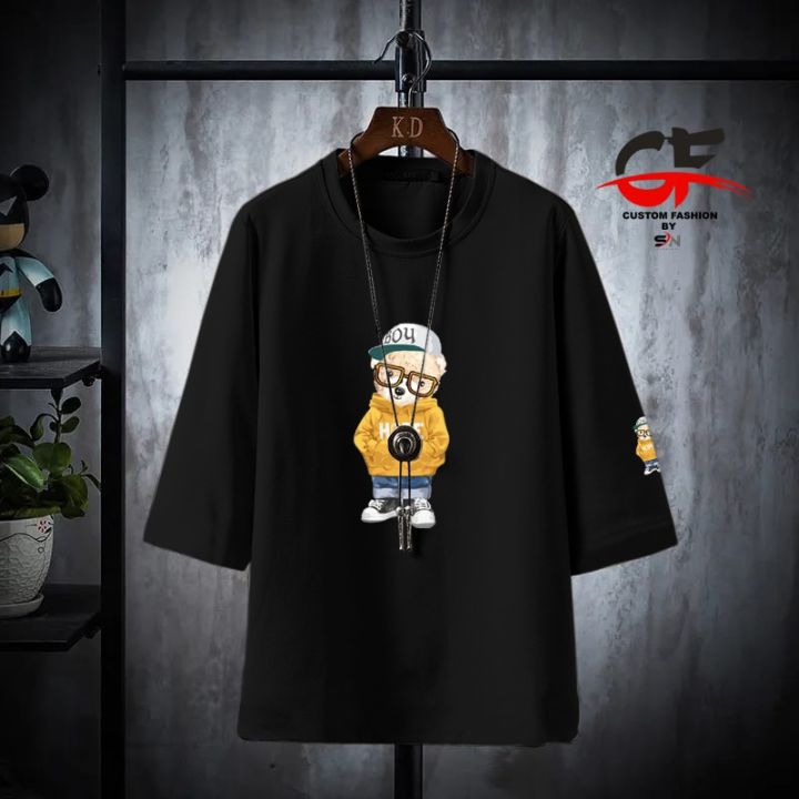 Mens New Trending Bear Printed Design Stylish Oversize Drop Shoulder Half Sleeves T-Shirt For Mens