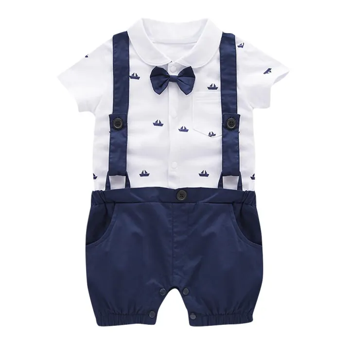 Infant%20Baby%20Boy%20Short%20Sleeve%20Gentleman%20Cartoon%20Print%20Romper%20Solid%20Print%20Jumpsuit%20-%20Image%204