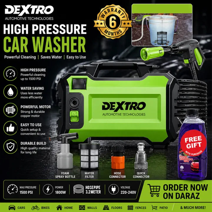 Dextro DX-200 Pro High Pressure Washer With Free Shampoo 1L - Induction Motor - 95 Bar -  Self Suction System with Free Soap Bottle / Best Pressure For Solar Panels / Solar Panel Washer / Car, Home, Solar Panels (6 months warranty)