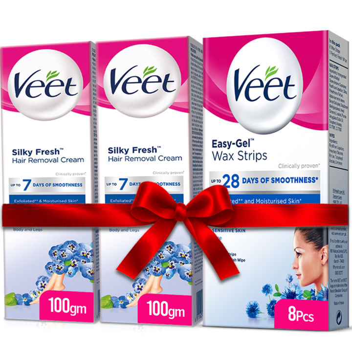 Veet Home Salon Kit - FREE Face Wax Strips Sensitive 8 Pcs with Pure Hair Removal Cream Sensitive 100g Pack of 2