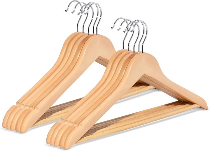 Pack Of 1, 3, 6, 10, 12 or 24 Wooden Suit Hangers with Non Slip Pants Bar -Smooth Finish Solid Wood Coat Hanger with 360° Swivel Hook and Precisely Cut Notches for Jacket, Pant, Dress Cloth hangers