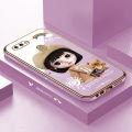 Luxury 6D Plating Soft Casing Silicone Square Frame Phone Case For OPPO A12 Case Shiny Bling Back Cover Cute Girl With Shoulder Bag Square Edge Pattern Design Soft Case + Free Lanyard. 