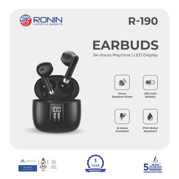Ronin R-190 TWS Earbuds, 13mm Driver & Bluetooth 5.3, High Bass Sound, 350 mah Battery & 4 Hours Playtime, Digital Display, AI Voice Assistant, High Bass & IPX4 Water Resistant, Clear Sound & Hands-Free Calls
