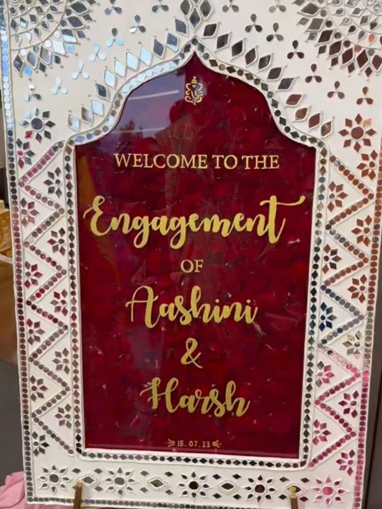 Handmade Traditional Welcome Engagement/Nikah/Wedding Board: Elegant Moroccan White Frame with Mirror Work and Floral Accents – Customized Couple’s Name in Classy Gold Script