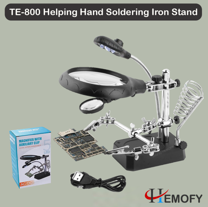 TE-800 Helping Hand Soldering Stand 5X-8X magnifying glass with 5 LED Light workbench repairing lamp Tool (Battery not include)