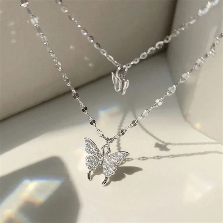 Flash Diamond Butterfly Double Necklace For Women Simple Design Crystal Elegant Wedding Jewelry Gifts