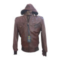 Brown Leather Bomber Style Leather Jacket with Hoodie: Baseball Jacket For Men - Ultimate Style and Comfort. 