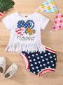 2 Pcs Independence Day Pants Set, Baby Girls Letter & Heart Print Short Sleeve Tassel T-shirt + Star & Stripe Print Shorts. 