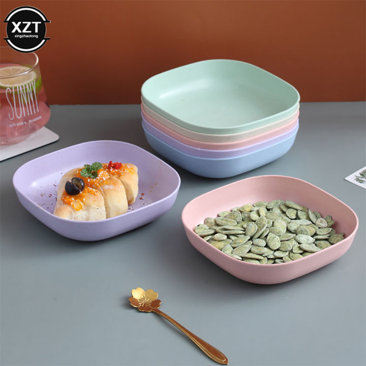 Household Wheat Straw Tray Dinnerware Snacks Fruit Bones Plate Round Square Shape Salad Bowl Spit Bone Trash Storage Small Disk