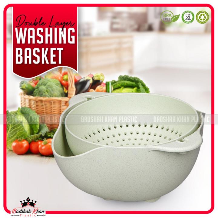 Multi Purpose Kitchen Double Drain Washing Basket Bowl For Daily Use - Double Layer Rotating Vegetable Washing Bowl - BPA Free High Quality Food Graded Material - Detachable Double Layer Vegetable & Fruit Cleaning Basket For Kitchen