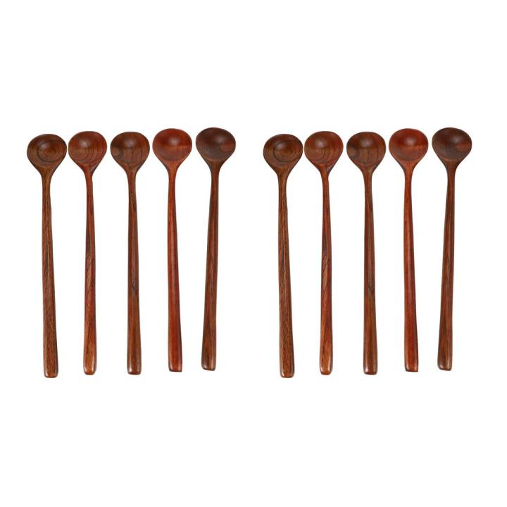 10 Pieces Korean Style 10.9 inches 100% Natural Wood Long Handle Round Spoons (Korean Style Soup Spoon)