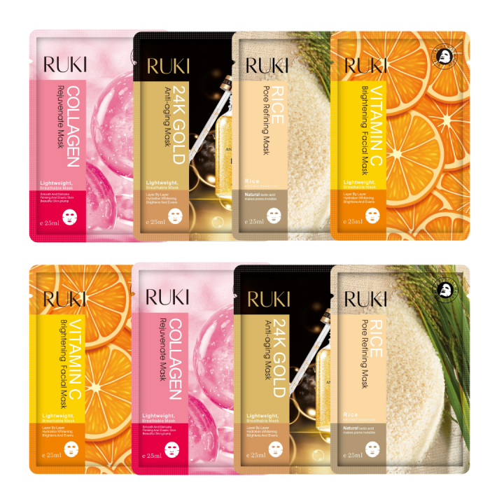 Korean Face Mask Pack of 8 PCS RUKI Sheet Mask Moisturizing Facial Mask Rice, Hydrating, Gold 4K, Collagen, Vitamin C, Skin Care Mask