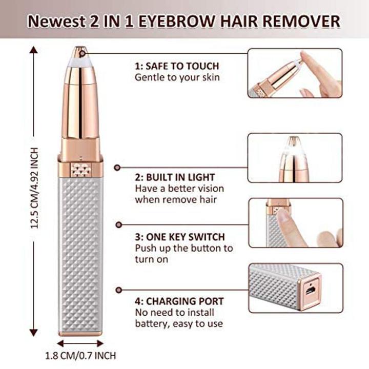Flawless 2 in 1 Portable Premium Chargeable Electric Eyebrow Trimmer for Women, Epilator, Facial Hair Remover for Women, Face, Lips, Nose Hair Removal with Light (Rose Gold)