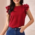 Female Summer Tops Shirt Ruffle Sleeves Solid Green Red Elegant Blouse Women Lady Streetwear Y2k Top Crewneck Shirts. 