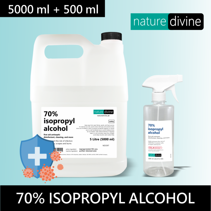 5 Litre Nature Divine 70% Isopropyl Alcohol with 500 ml Trigger Spray Bottle, IPA Rubbing Alcohol, Hand Rub, General Purpose Antiseptic Disinfectant and Cleaner