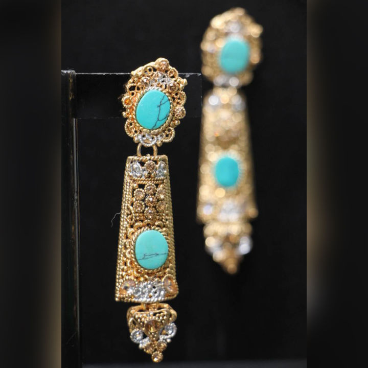 Long Earring Gold Plated with imported Colorful stones- JT-253