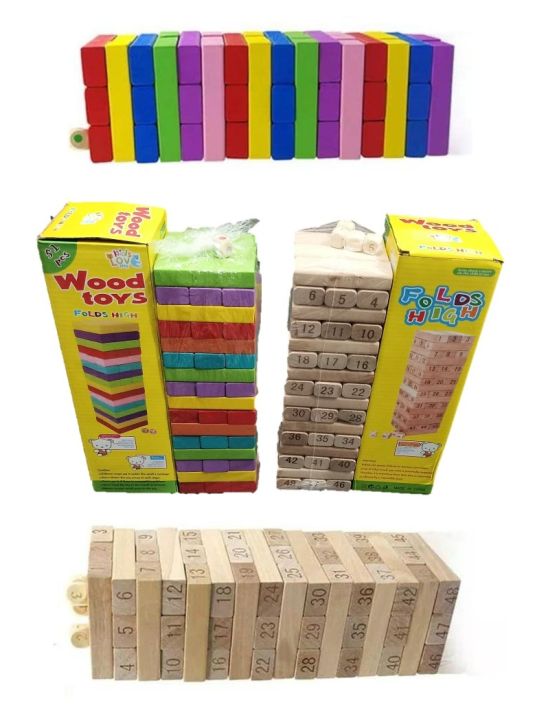52 Pieces Jenga Wooden Number and Multicolor Blocks for Kids Game with 1 and 4 Dice Stacking Tumbling Tower Multicolor