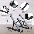 This is a high-quality, portable laptop stand that folds up and is adjustable in height. It features an adjustable cooling bracket and a multifunction aluminum lap mount computer tablet support riser holder that can be adjusted up to 15.6 inches. It is ma. 