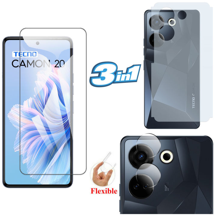 Tecno Camon 20 Glass Protector Polish Screen Tempered + Back Protector Carbon Fiber Matte Soft Skin Sheet + Back Rear Camera Protector 9H Gorilla Flexible Protection For Tecno Camon 20