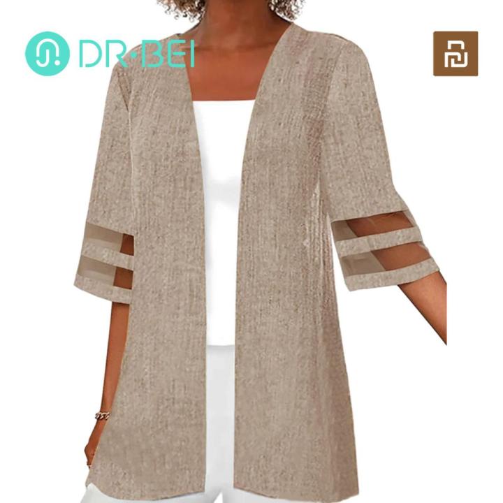 Women Casual Cardigan Coat Summer Loose Cardigan Bohemian Mesh Patchwork Women Open Stitch Thin Casual Lace Vintage Half Sleeve Medium Long Coat Splicing Design Cardigan Daraz.pk