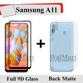 Samsung Galaxy A11 Full Black 9D Tempered Glass Edge to Edge Full Glue Screen Protector + Back Matte Protector Soft Skin Sheet Soft Film Protector For Galaxy A11. 